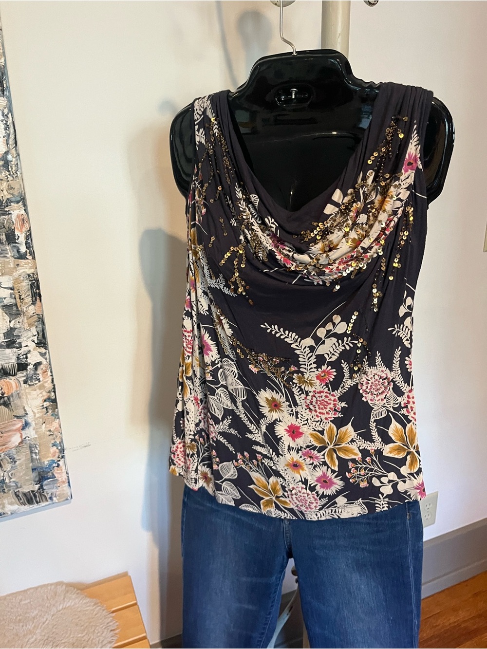 Deletta Navy Floral Cowl Neck Tank with Gold Sequence  & Beading Accents